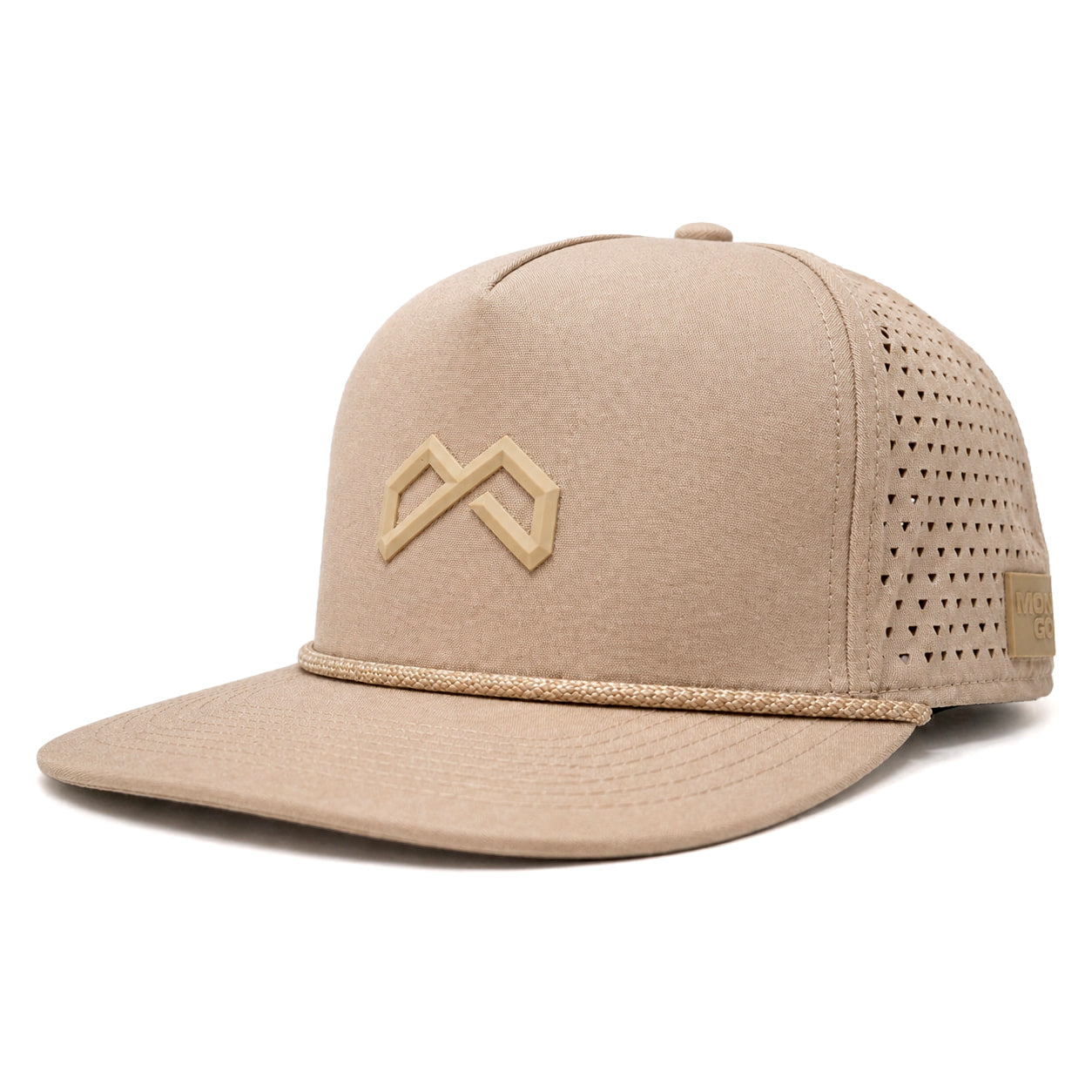 Mongo XL Performance Snapback 2.0 big head hat in beige, three-quarter front view