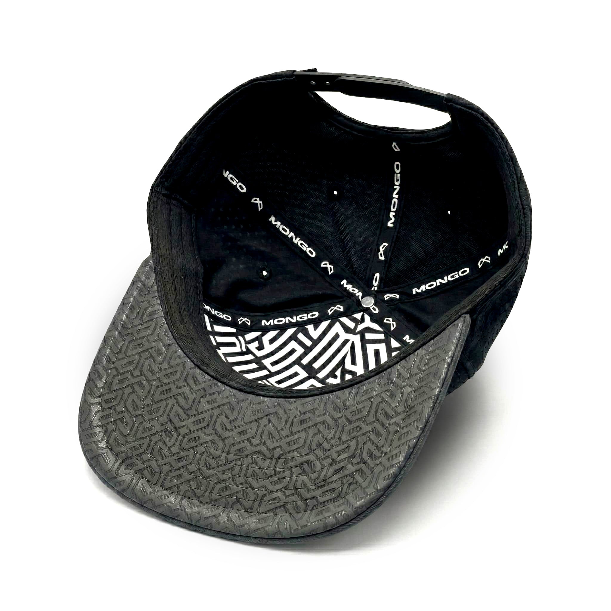 Mongo XL Performance Snapback 2.0 big head hat in black, interior and underbrim detail