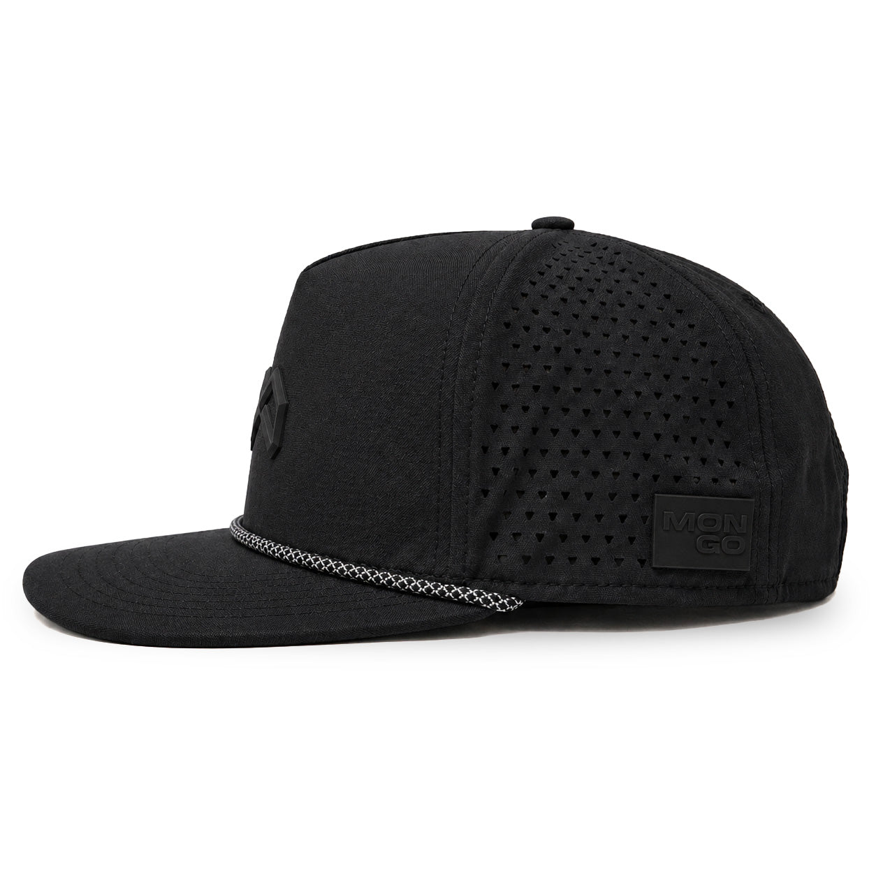 Mongo XL Performance Snapback 2.0 big head hat in black, side profile showing the perforated side panel