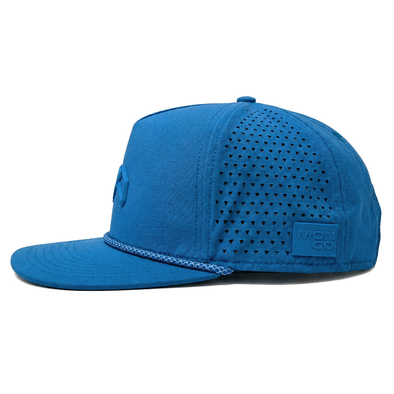 Mongo XL Performance Snapback 2.0 big head hat in royal blue, side profile showing the perforated side panel