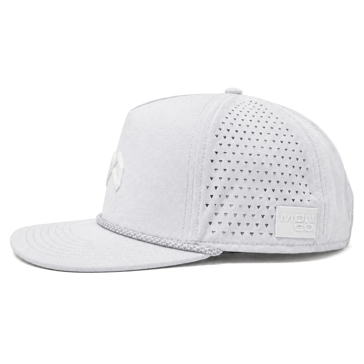 Mongo XL Performance Snapback 2.0 big head hat in white, side profile showing the perforated side panel