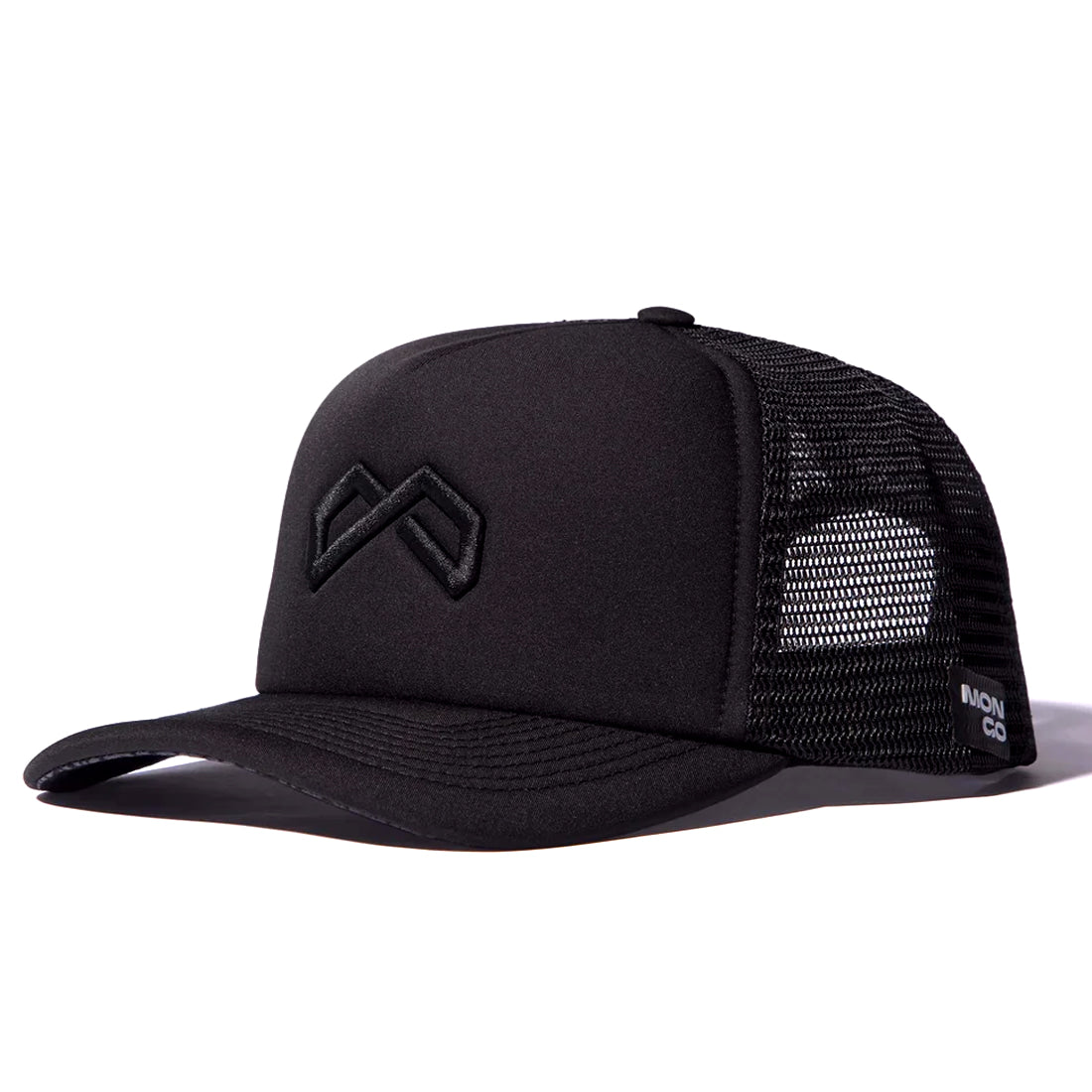 Mongo XL Foam Trucker Snapback big head hat in black, three-quarter front view with foam front panel and mesh back