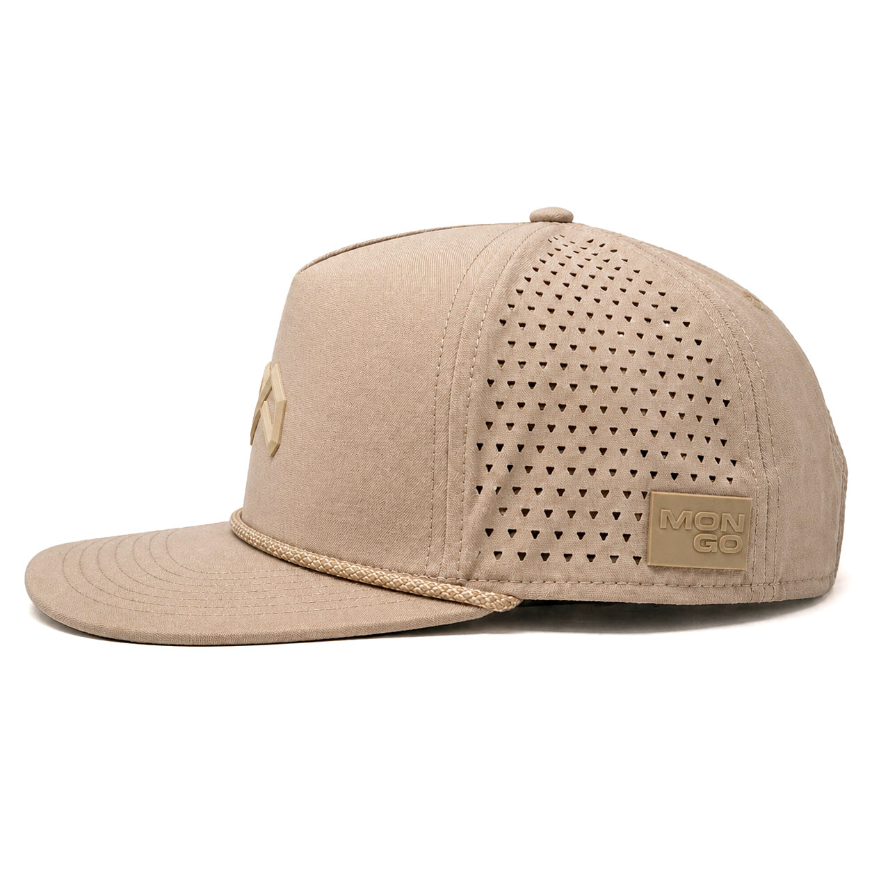 Mongo XL Performance Snapback 2.0 big head hat in beige, side profile showing the perforated side panel