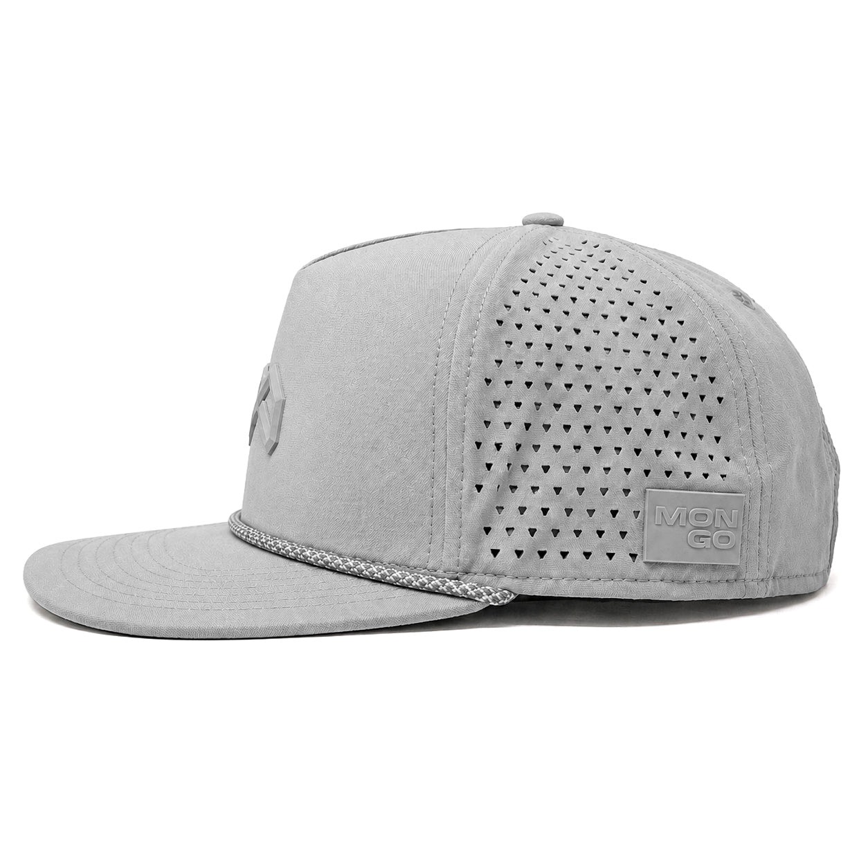 Mongo XL Performance Snapback 2.0 big head hat in gray, side profile showing the perforated side panel