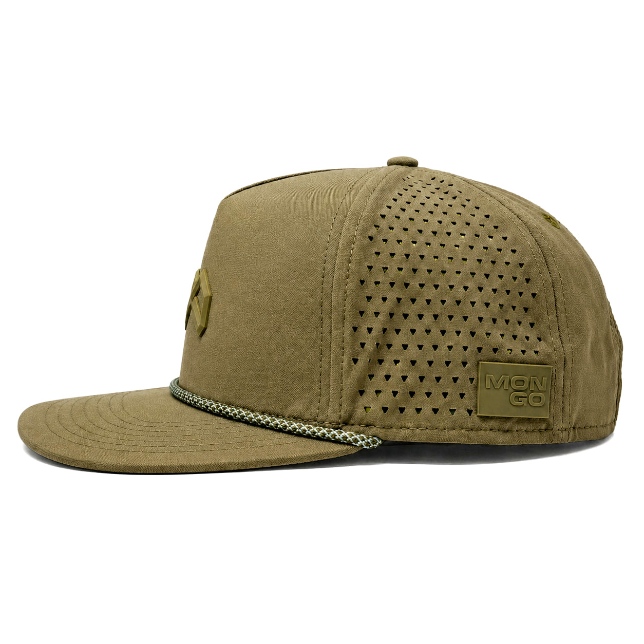 Mongo XL Performance Snapback 2.0 big head hat in green, side profile showing the perforated side panel