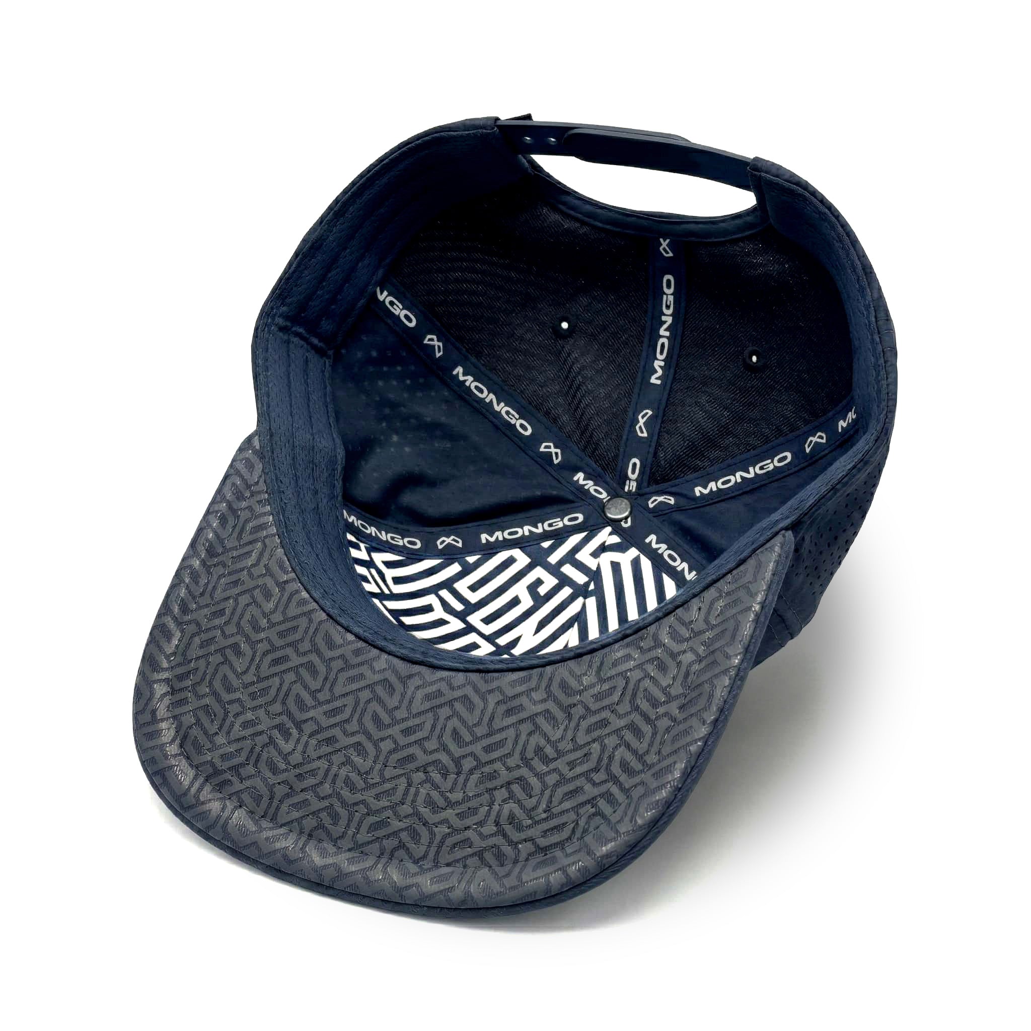 Mongo XL Performance Snapback 2.0 big head hat in navy, interior and underbrim detail
