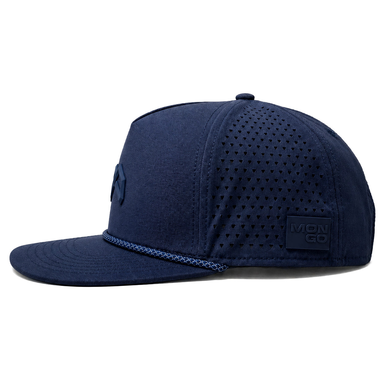 Mongo XL Performance Snapback 2.0 big head hat in navy, side profile showing the perforated side panel
